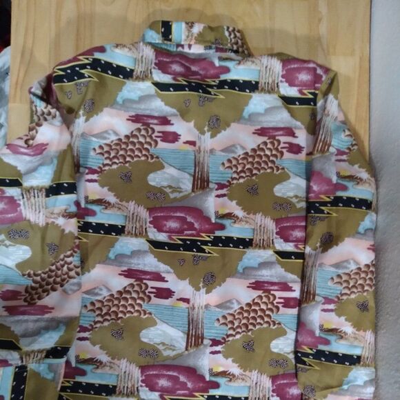 Vintage Bud Berma Psychedelic Landscape Pattern Polyester Disco Shirt - Picture 4 of 7